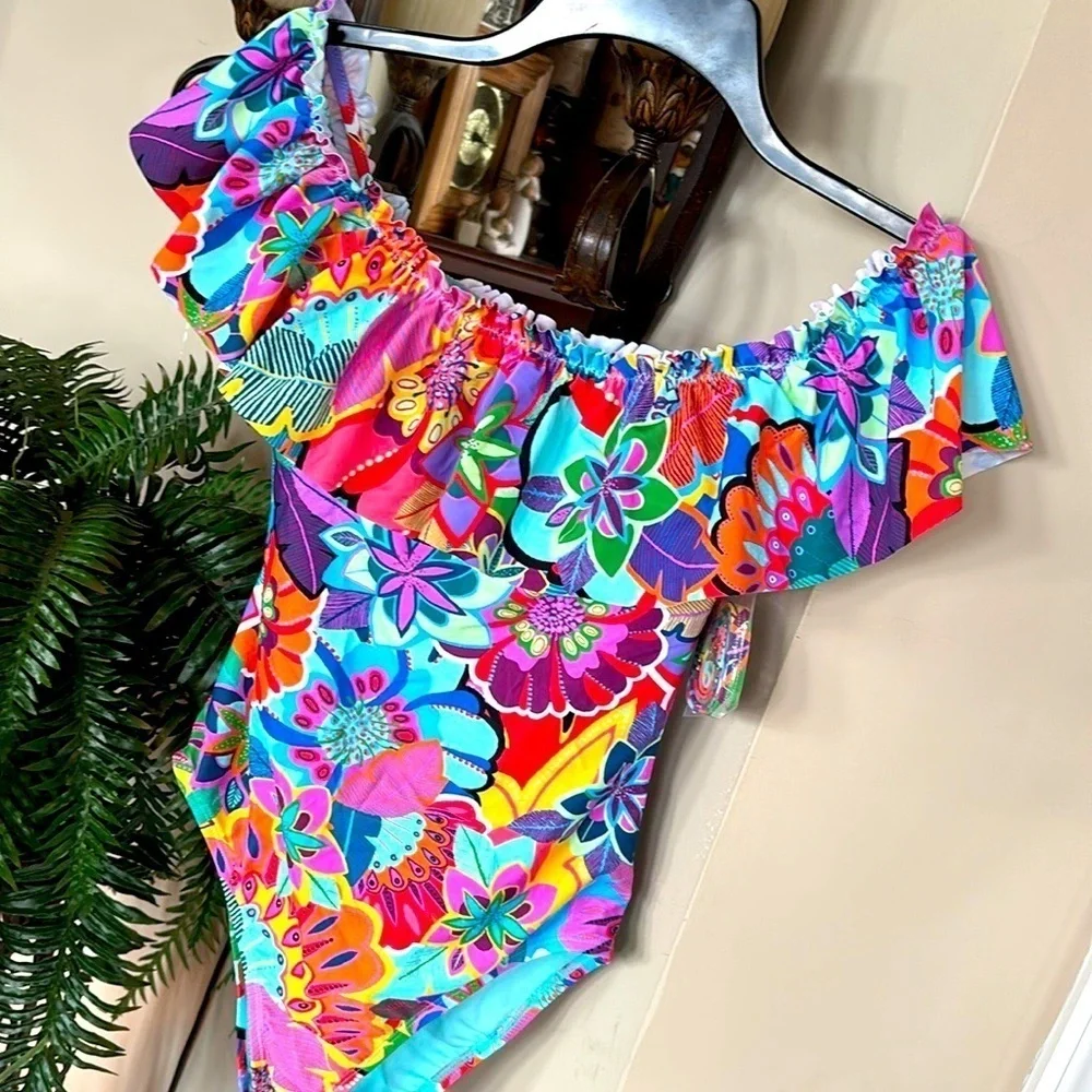 NWT Bleu Rod Beattie Colorful Floral Off The Shoulder Ruffle One-Piece Swimsuit